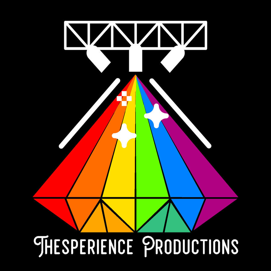 A black background with the shape of simplistic white rafters holding spotlights, shining down below. The rays of light have turned into a rainbow with white sparkles over top. At the bottom in white text it says "Thesperience Productions".